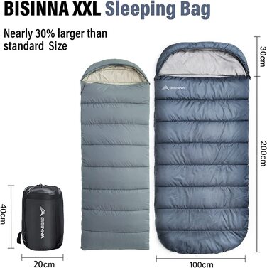 Зимовий спальний мішок BISINNA XXL для дорослих, теплий кемпінговий спальник на 3-4 сезони, поширена модель Plus Size (Сірий, 1.5 кг, блискавка справа)