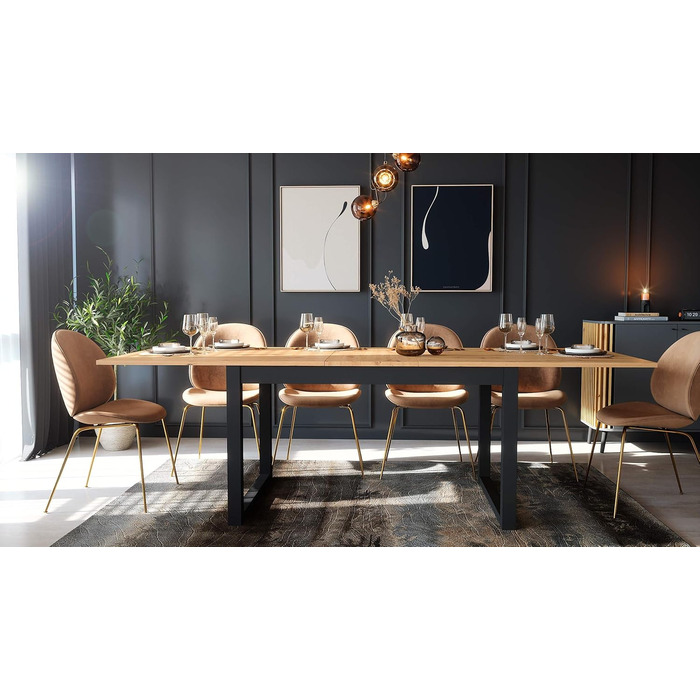 Розсувний обідній стіл NEWROOM Vincent.eleven 200-240x90 см, антрацит, дика дубова плита, вінтажний індустріальний стиль