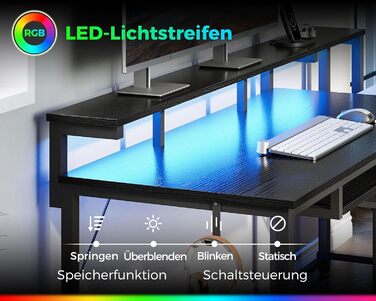 Ігровий стіл Coleshome з LED підсвіткою 140x48 см, з ящиками, 2 розетками та 2 USB портами, з підставкою для монітора, чорний
