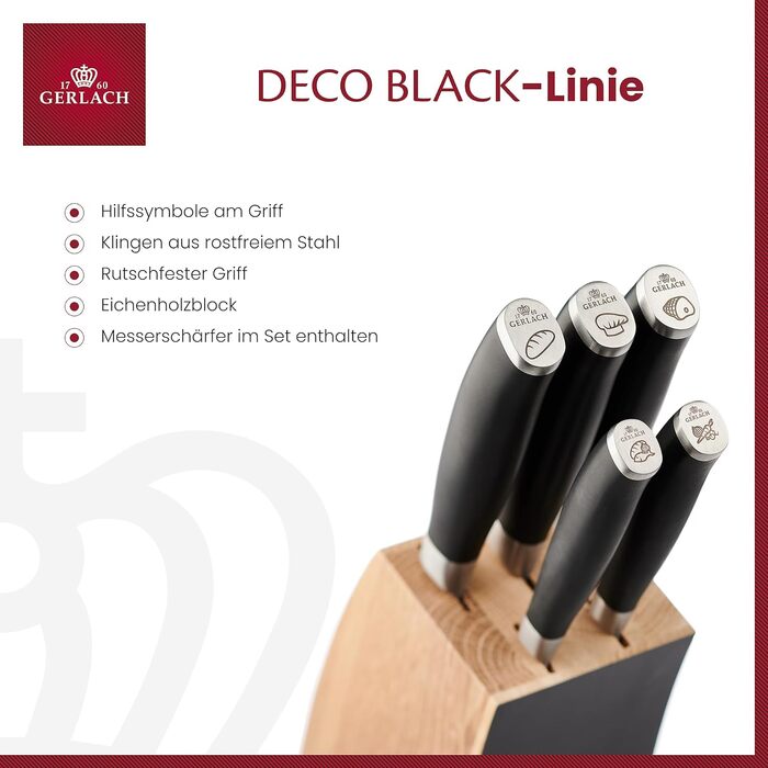 Набір кухонних ножів Gerlach Deco Black з точильним каменем: 5 ножів у блоці з нержавію та бука