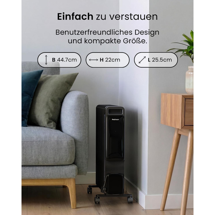 Електричний масляний радіатор Pro Breeze 2500Вт, 11 секцій, смарт-обігрів з термостатом, таймером на 24г та сенсорним дисплеєм, чорний