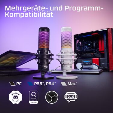 HyperX QuadCast S білий – USB конденсаторний мікрофон з RGB-підсвіткою для ПК, PS5, Mac, підвісом, 4 направленостями, поп-фільтром і регулятором чутливості, для геймінгу, стрімінгу, подкастів, Discord, Twitch