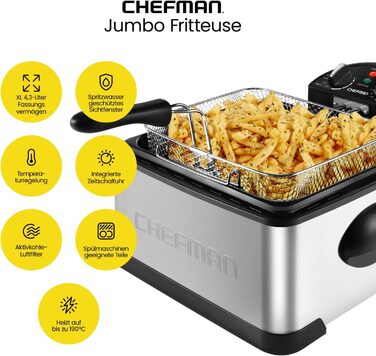 Фритюрниця Chefman 4,3 л з кошиком, XL, регульована температура, таймер, знімний масляний контейнер, нержавіюча сталь, для курки, картоплі фрі, морепродуктів