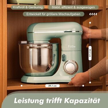 Кухонний комбайн-міксер Kitchen in the box Fab-Serie 8л, потужність 2000Вт, 10 швидкостей, з насадками (вінчик, гак, міксер), Зелений
