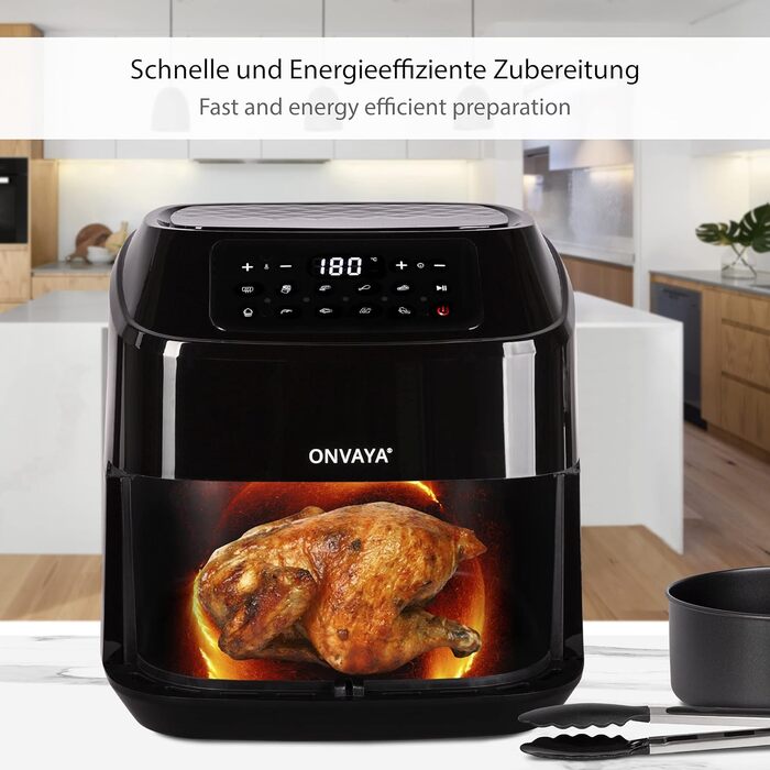Аерофритюрниця ONVAYA XXL, без олії, 1700 Вт, LED-дисплей, 10 програм, для 5-6 осіб, з формою для випікання та решіткою зі шпажками
