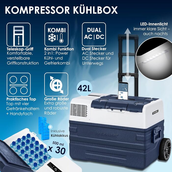 Автомобільний компресорний холодильник KESSER 42L з Wi-Fi, 12/24/230V. Морозильна камера до -20°C, колеса, телескопічна ручка для кемпінгу, фургону, вантажівки + 2 акумулятори холоду 42л, темно-синій