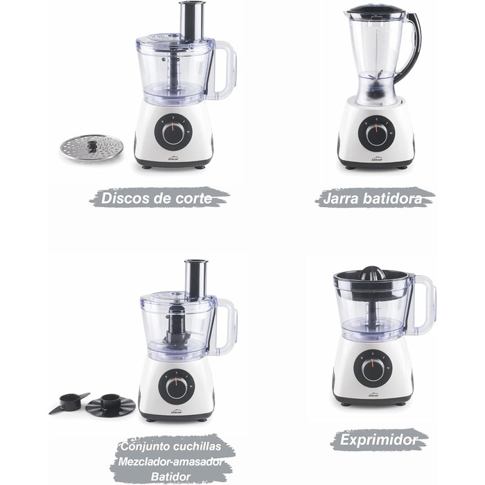 Кухонна машина Lacor MultiGenius 100% BPA-free, багатофункціональна, змінна швидкість, 8 насадок, захист, для посудомийки, біла