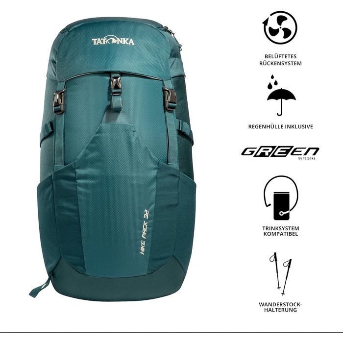 Рюкзак для туризму Tatonka Hike Pack 32 л із вентиляцією спини та дощовиком, легкий і зручний, бірюзово-зелений