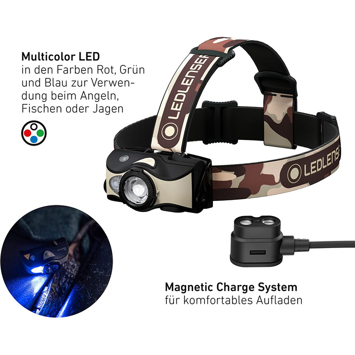 Налобний ліхтар Ledlenser MH8 600 Лм, акумуляторний, LED, чорний, для полювання та риболовлі, до 60 годин, червоне/зелене/синє світло, фокусування, 2xAA, транспортувальний замок