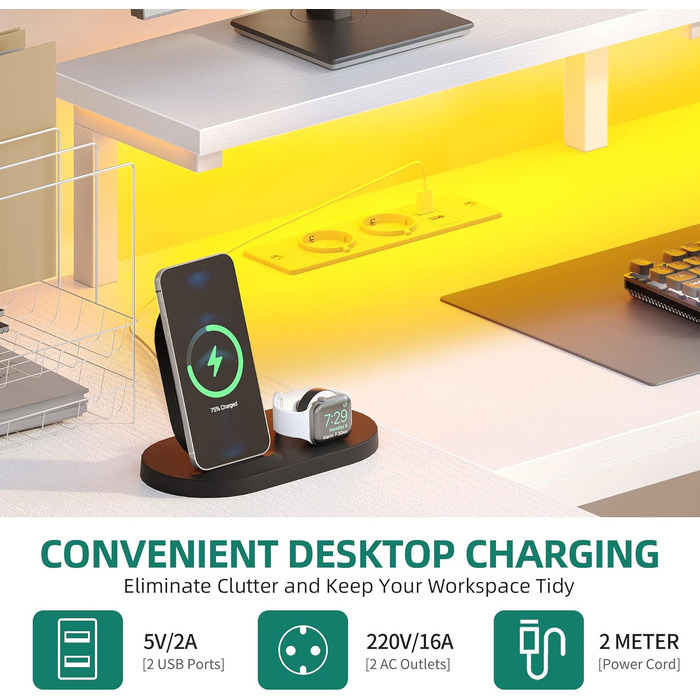 Кутовий письмовий стіл YITAHOME з 4 шухлядами та LED-підсвіткою, 158x100 см - ігровий стіл для дому/офісу з монітором, розетками та USB (білий)