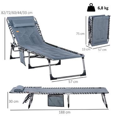 Outsunny Sun Lounger, складний садовий шезлонг з подушкою, бічна сумка, шезлонг з регульованою спинкою в 5 напрямках, стійкий до погодних умов шезлонг для кемпінгу з вантажопідйомністю до 130 кг, для садового пляжного басейну, сірий