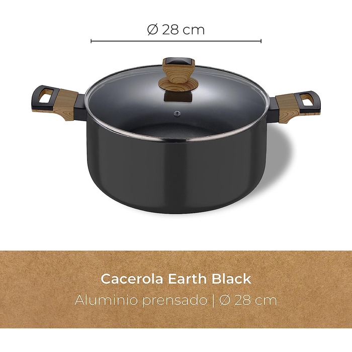 Каструля BERGNER Earth Black 28 см, алюмінієва, з антипригарним покриттям, ергономічні дерев'яні ручки, для індукції та всіх типів плит, чорна