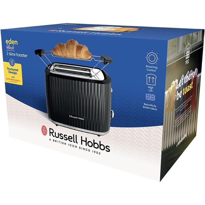 Тостер Russell Hobbs Eden на 2 тости, чорний - 6 режимів, підйом, розморожування, підігрів, лоток для крихт, тримач для булочок 27372-56