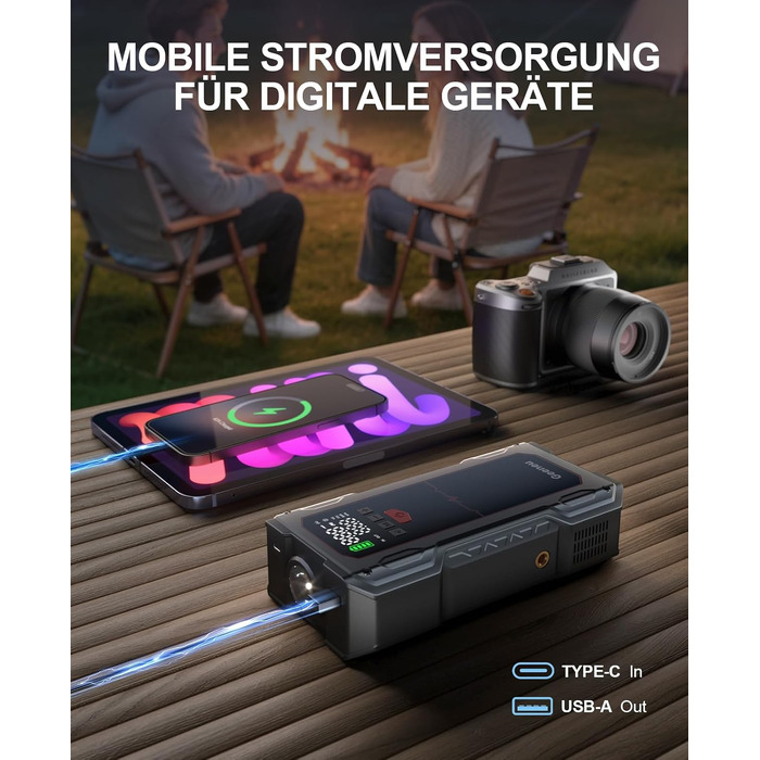 Бустер для авто Starthilfe Powerbank 6000A: пусковий пристрій з компресором 150PSI, 12V для бензинових (до 9л) та дизельних (до 7.5л) двигунів, чорний