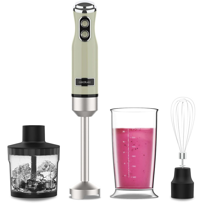 Блендер Cecotec Power RetroGreen 1200MAX Cream&Crush, 1200 Вт, CrossBlades, 2 швидкості, набір аксесуарів, захист від бризок, для подрібнення та змішування, занурювальний, мийка в посудомийці