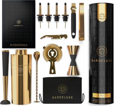 BarDeluxe 12-елементний набір для коктейлів, набір бармена з шейкером 750 мл із нержавіючої сталі, преміум подарунковий набір для приготування коктейлів з сумкою, глибоке золото