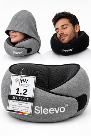 Ергономічна подушка для подорожей з ефектом пам'яті (Memory Foam) та капюшоном-маскою для сну, сіра (розмір M) — для літака, поїзда та авто