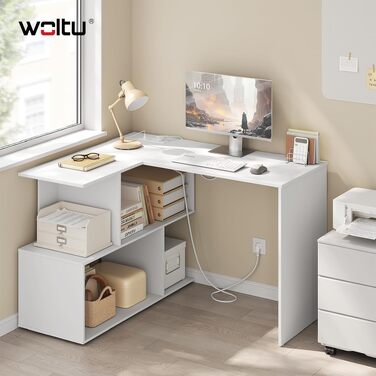 Кутовий письмовий стіл L-подібний WOLTU зі вбудованими розетками, 120x100 см, білий