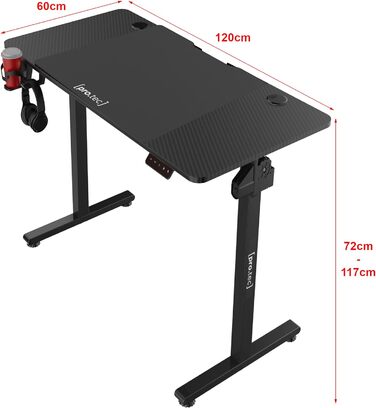Електричний регульований стіл pro.tec Stryn 120x60 см, геймерський, з пам'яттю висоти, чорний