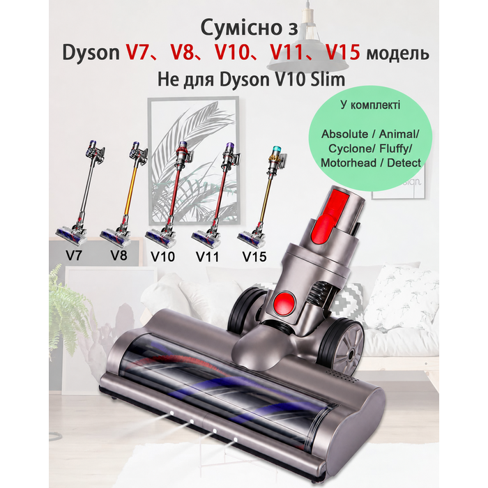 Насадка-щітка для пилососа Dyson V7/V8/V10/V11/V15, електрична турбощітка з роликовою щіткою, аксесуари для підлоги, 2 шт.