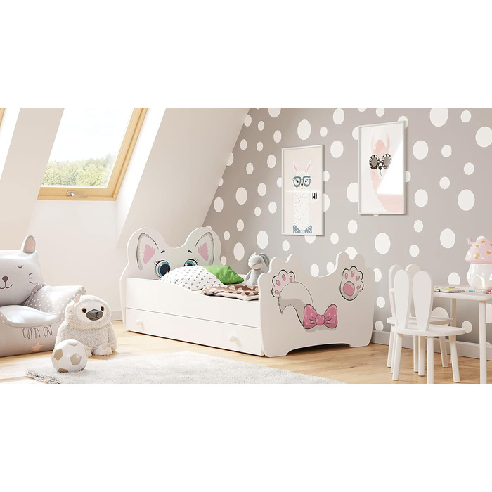 Дитяче ліжко Kids Collective 80x160 см з матрацом, шухлядою, дерев'яне, мотив кішка, європейське виробництво