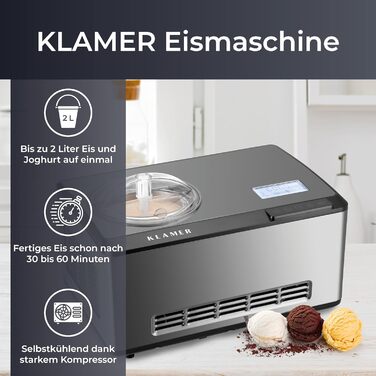 Машина для морозива та йогурту KLAMER 2-в-1, 2 л, 180 Вт, нержавіюча сталь, з функцією охолодження та нагріву, компресорна, для домашнього приготування морозива та йогурту