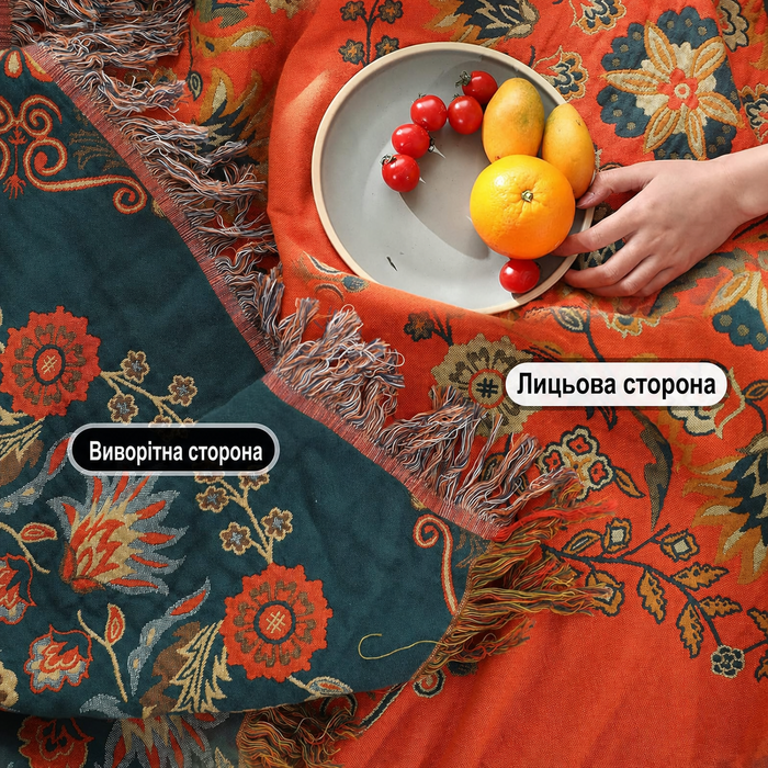 Двосторонній плед HOORDRY з бавовни Boho 150x200 см, покривало на ліжко, диван чи крісло, зелений та помаранчевий, з візерунком, для сну чи відпочинку
