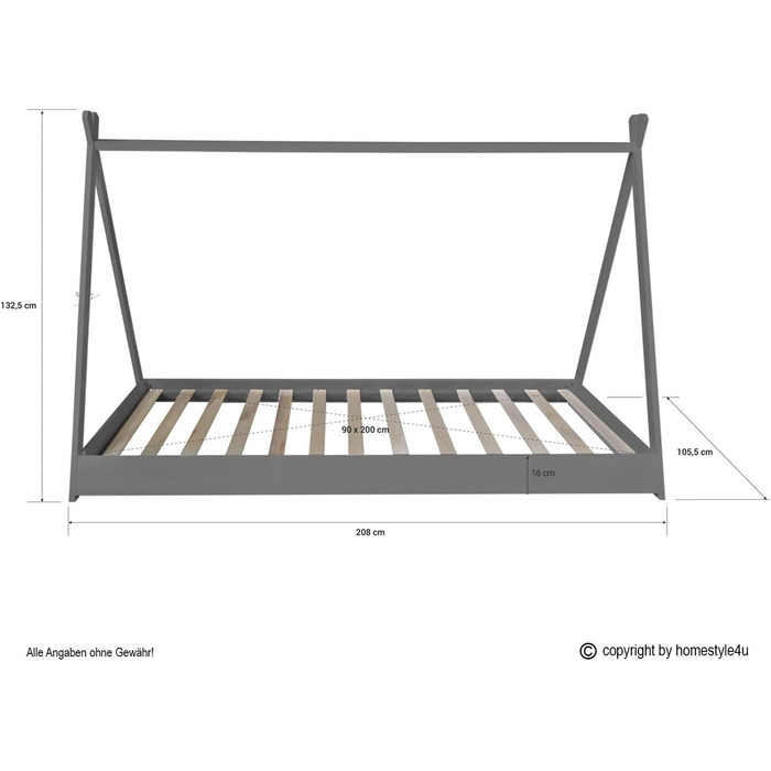 Дитяче ліжко Homestyle4u 90x200 см, тіпі, сіре-біле, зірки, дерев'яна сосна