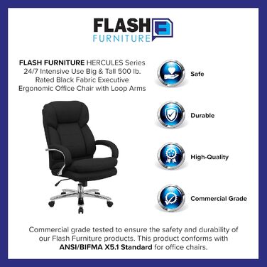 Офісне крісло Flash Furniture Hercules, ергономічне, з високою спинкою, м'яке сидіння, підлокітники, чорний текстиль