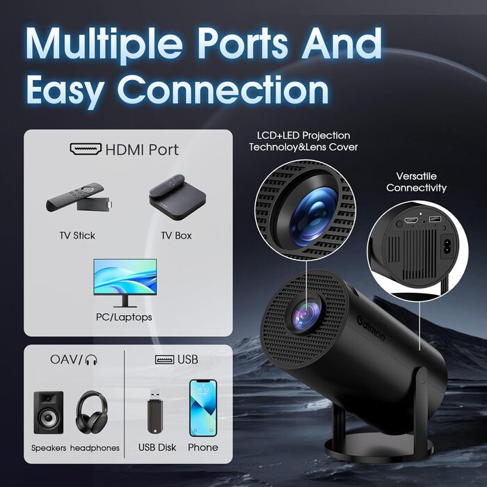 Смарт-проектор Mini Beamer 4K Full HD 1080P з WiFi 6 та Bluetooth 5.2, автокоррекция трапеції, поворот на 180°, підтримка HDMI/TV Stick/Laptop, чорний