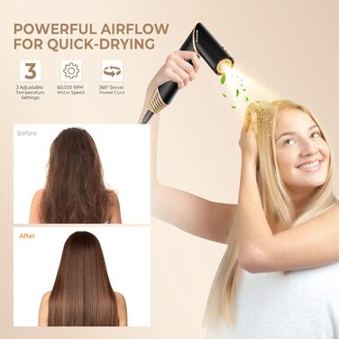 UKLISS 5-в-1 Airstyler Фен-щітка для укладки волосся з насадками (чорний) - професійний фен, стайлер, випрямляч, кругла щітка для волосся 60000 об/хв