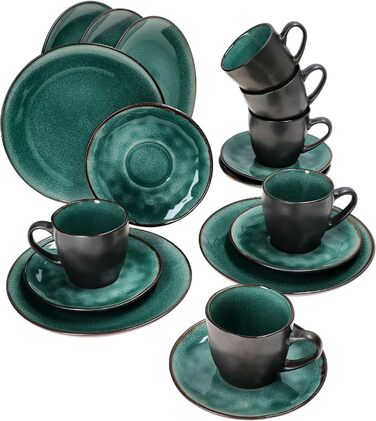 MamboCat Кавовий сервіс 18 предметів Green Reactive Glaze для 6 осіб. Керамічний набір ручної роботи з ефектом м'ятиного кольору та мідною окантовкою (6 чашок, 6 тарілок, 6 десертних тарілок).