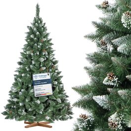 Штучна ялинка FAIRYTREES сосна 220 см, білий засніжений ефект, ПВХ, з натуральними шишками та дерев'яною підставкою