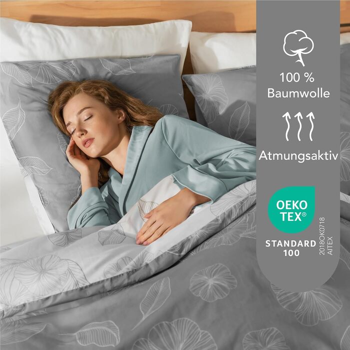 Комплект постільної білизни Dreamzie з бавовни, 4 предмети (2 підковдри 135x200 см, 2 наволочки 80x80 см), сірий Ginkgo, Oeko-Tex, з блискавкою
