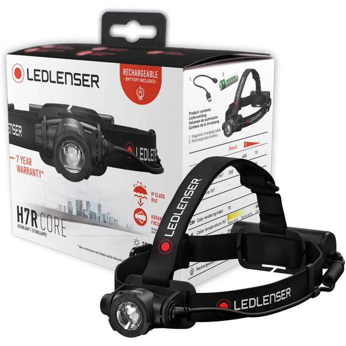 Ліхтар налобний Ledlenser H7R Core, 1000 лм, акумуляторний, водонепроникний IP67, фокусування, плавне затемнення, USB-зарядка, дальність 250 м