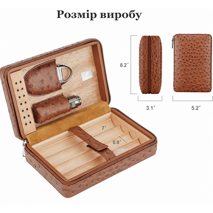 Портативний дорожній хумідор PIPITA, елегантний шкіряний хумідор для сигар з кедровою підкладкою для 4 сигар із зволожувачем повітря, запальничкою та різаком для сигар