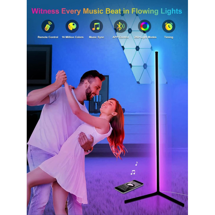 LED торшер DeeprBling для вітальні 165 см, кутова RGB лампа з димуванням, пультом і додатком, 16 млн кольорів, музичний та DIY-режими, таймер, для спальні, ігрової кімнати, офісу, читального залу, трикутна база