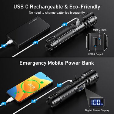 Ліхтарик Blukar LED, USB-C, 500000 люменів, надяскравий, тактичний, зум, 5 режимів, IP67, водонепроникний, для кемпінгу та екстрених ситуацій, чорний