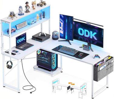 Ігровий кутовий стіл ODK Gaming з LED-підсвіткою, полицею-дисплеєм та розеткою, 135×100 см, білий