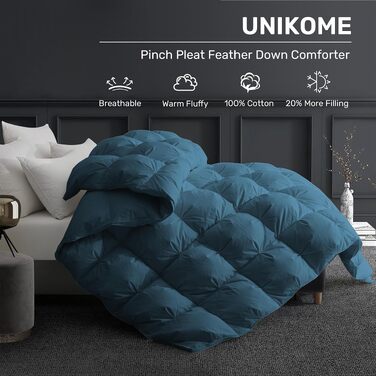 Всесезонна ковдра UNIKOME 155x220 см з гусячим пухом (1300г), чохол 100% бавовна, дихаюча 3D конструкція, сертифікати Öko-Tex та RDS, темно-синя