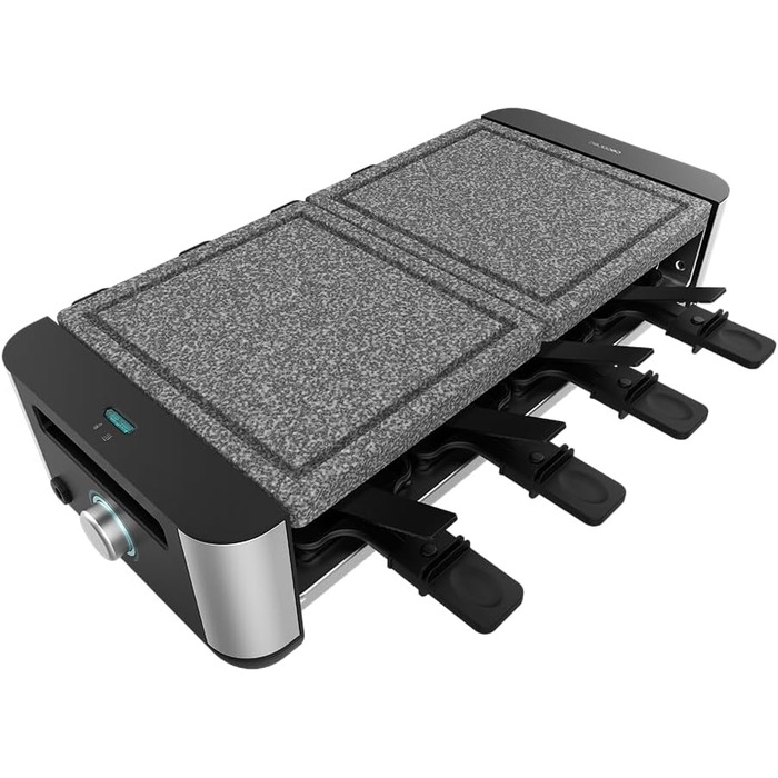 Електричний гриль-ракушетка Cecotec Raclette Cheese&Grill 16000 Inox на 8 осіб, 1400 Вт, з регулюванням температури, 2 грильні пластини (алюміній 20x22 см та натуральний камінь 20x22 см), 8 сковорідок та 8 лопаток