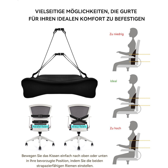 Подушка для спини Ergonomisches RückenKissen Travel Ease з гелевою піною Memory Foam, для офісного крісла, з антистатичним, приємним до шкіри чохлом, для комфортної посадки (Чорний)