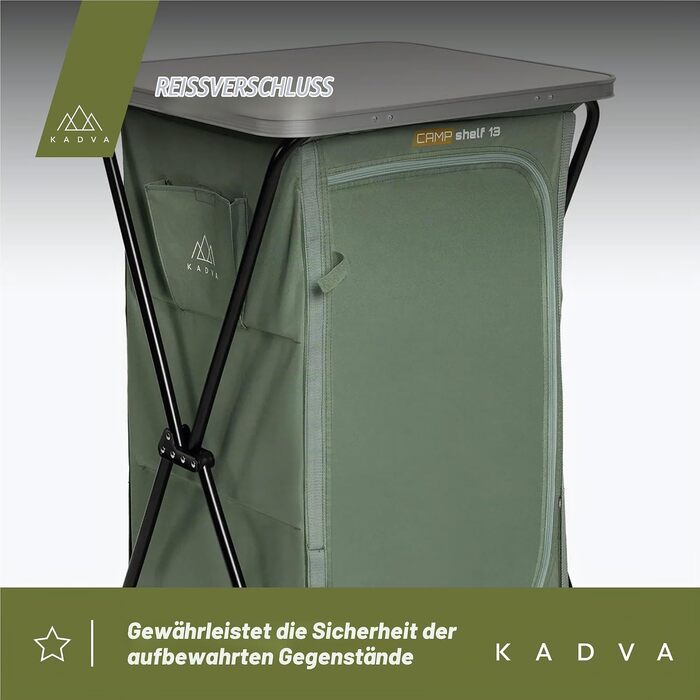 Кемпінгова шафа KADVA Camping CAMPShelf 13, полиця для відпочинку на природі, 50x60x98 см, поліестер, зелена