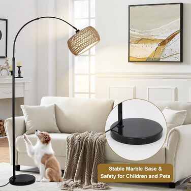 Торшер Rayofly з ротангу для вітальні, чорний, з LED-лампою, дистанційним керуванням та подвійним абажуром, Boho стиль, E27, керування через додаток