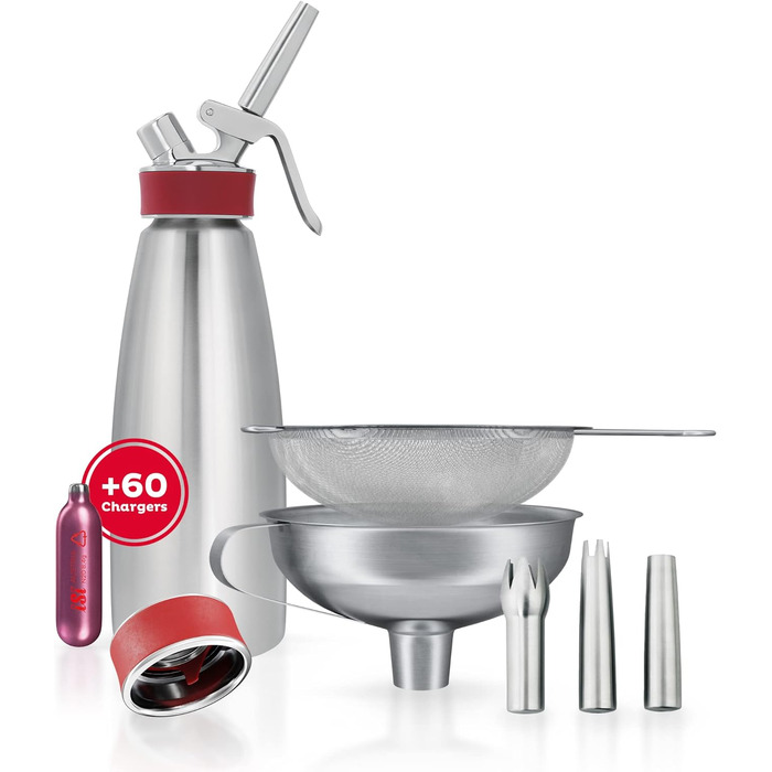 Сифон iSi Gourmet Whip 1 л з 6 наборами капсул, нержавіючі насадки, лійка, сито, кришка – для збивання вершків, супів, мусів і десертів, 100% нержавійка