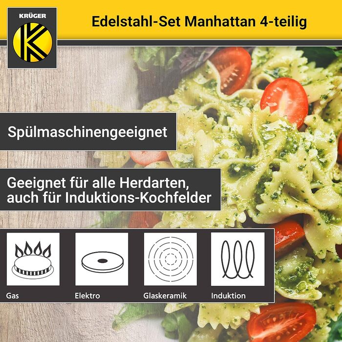 Набір каструль Krüger Manhattan з нержавіючої сталі, 4 предмети: 3 каструлі та сотейник зі скляною кришкою, термодно, зливний край