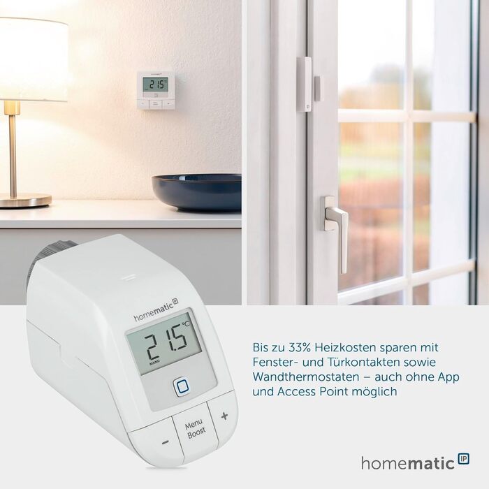 Homematic IP Термостат на радіатор Basic – Розумний дім, цифровий термостат для опалення, керування через додаток, сумісний з Alexa та Google Home, проста установка, економія енергії, 153412A3
