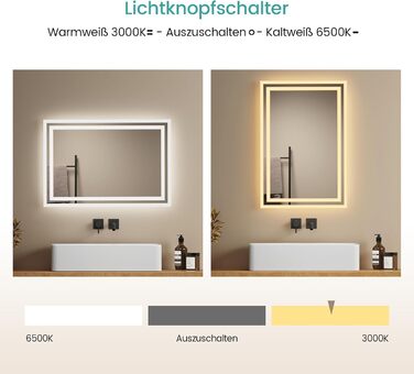 Дзеркало для ванної кімнати EMKE з підсвічуванням 40x60 см LED, антизапарник, холодний/теплий білий, з кнопкою, алюмінієва рама, IP44, енергозберігаюче