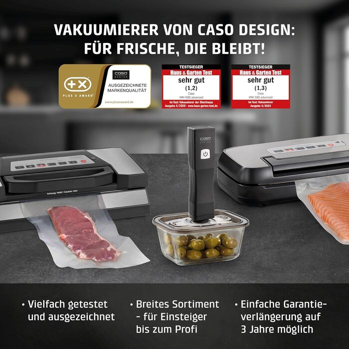 Вакууматор CASO Vacu OneTouch Eco-Set: бездротовий ручний вакууматор з 3 скляними контейнерами, 10 ZIP-пакетами та наклейками Food Manager, чорний