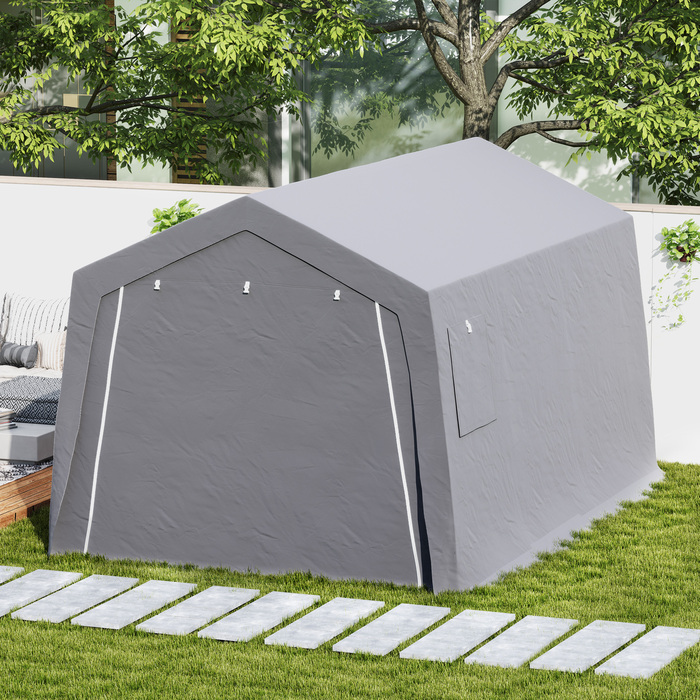 Outsunny Garden Shed з двосхилим дахом Водонепроникний садовий намет з дверима, вікнами, антипиловим покриттям для велосипеда, фольгований садовий сарай Велосипедний гараж для саду патіо, 300 x 447 x 255 см, світло-сірий